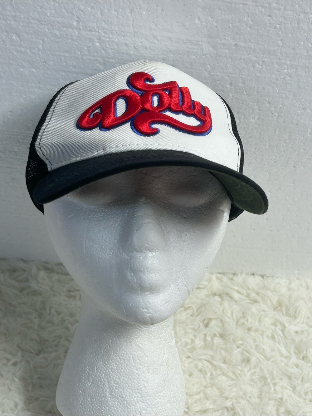 Dolly Embroidered White & Black Mesh Trucker Hat
